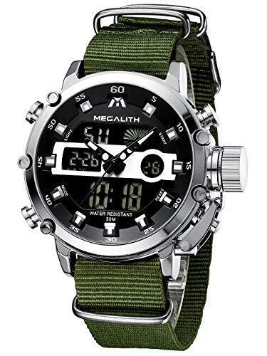 MEGALITH Herrenuhr Grün Silber Militär Digitaluhr LED Zifferblatt Wasserdicht
