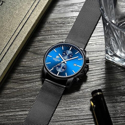 CHEETAH Herrenuhr 42mm Schwarz und Blaue mit Mesh Armband Business Uhr Casualuhr