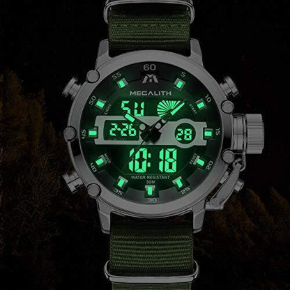 MEGALITH Herrenuhr Grün Silber Militär Digitaluhr LED Zifferblatt Wasserdicht