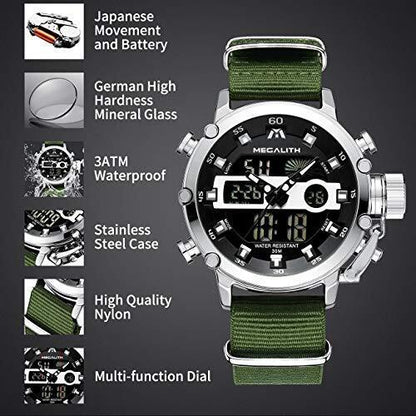 MEGALITH Herrenuhr Grün Silber Militär Digitaluhr LED Zifferblatt Wasserdicht