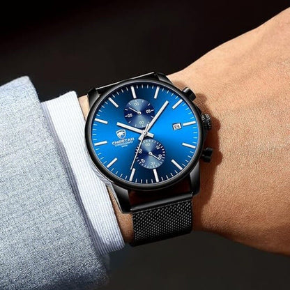 CHEETAH Herrenuhr 42mm Schwarz und Blaue mit Mesh Armband Business Uhr Casualuhr