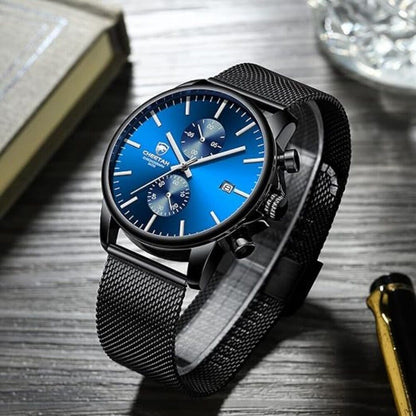 CHEETAH Herrenuhr 42mm Schwarz und Blaue mit Mesh Armband Business Uhr Casualuhr