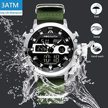 MEGALITH Herrenuhr Grün Silber Militär Digitaluhr LED Zifferblatt Wasserdicht