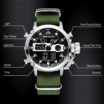 MEGALITH Herrenuhr Grün Silber Militär Digitaluhr LED Zifferblatt Wasserdicht