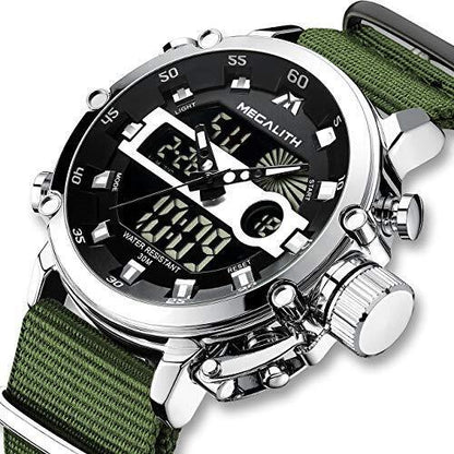 MEGALITH Herrenuhr Grün Silber Militär Digitaluhr LED Zifferblatt Wasserdicht