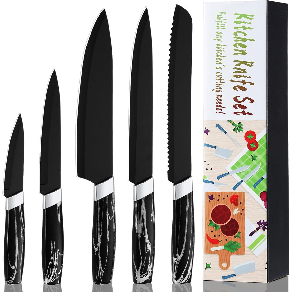 Günstiges Messerset Schwarz Edelstahl 5PCS Kochmesserset