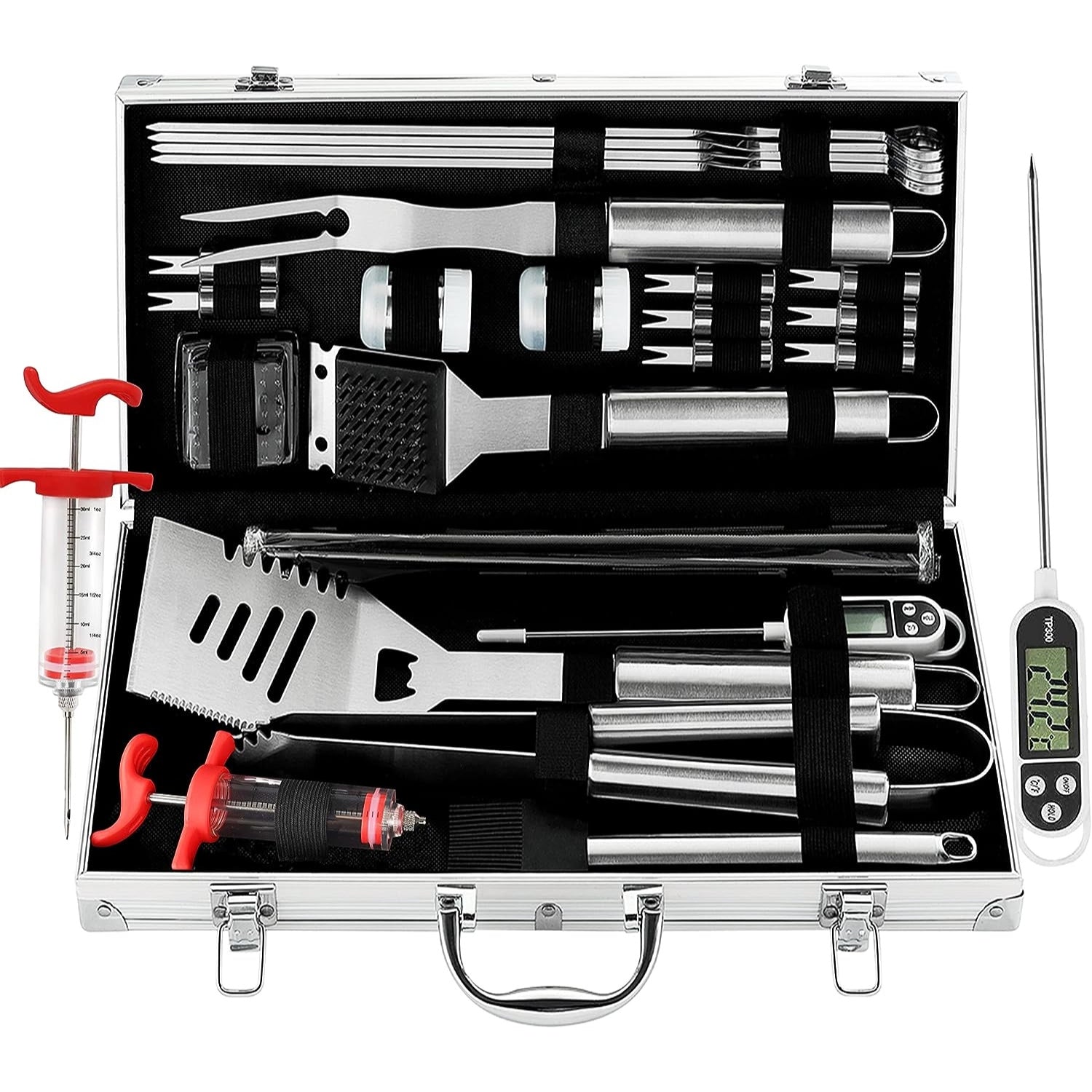 Hochwertiges Grillbesteck Set mit Fleischthermometer 25 tlg