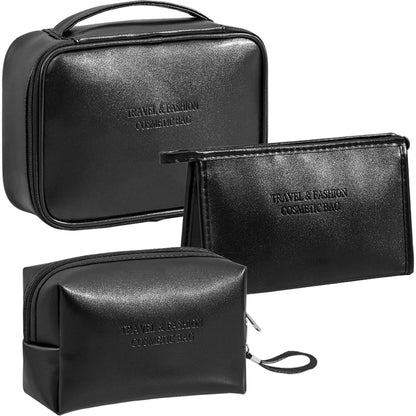 Schwarz Kosmetik Set 3 Pcs Wasserdicht PU Reise Leicht Tragbar