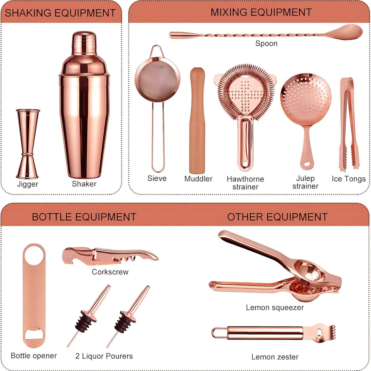 Cocktail Shaker Set 17-teilig Kupfer Bar Zubehör Tasche Mixology Kit Geschenk