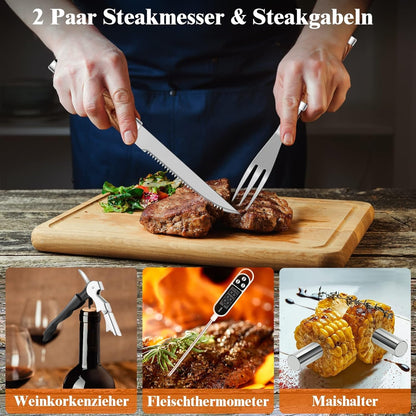 Hochwertiges Grillbesteckset aus Edelstahl 26tlg Geschenke für Männer Grill Zubehör