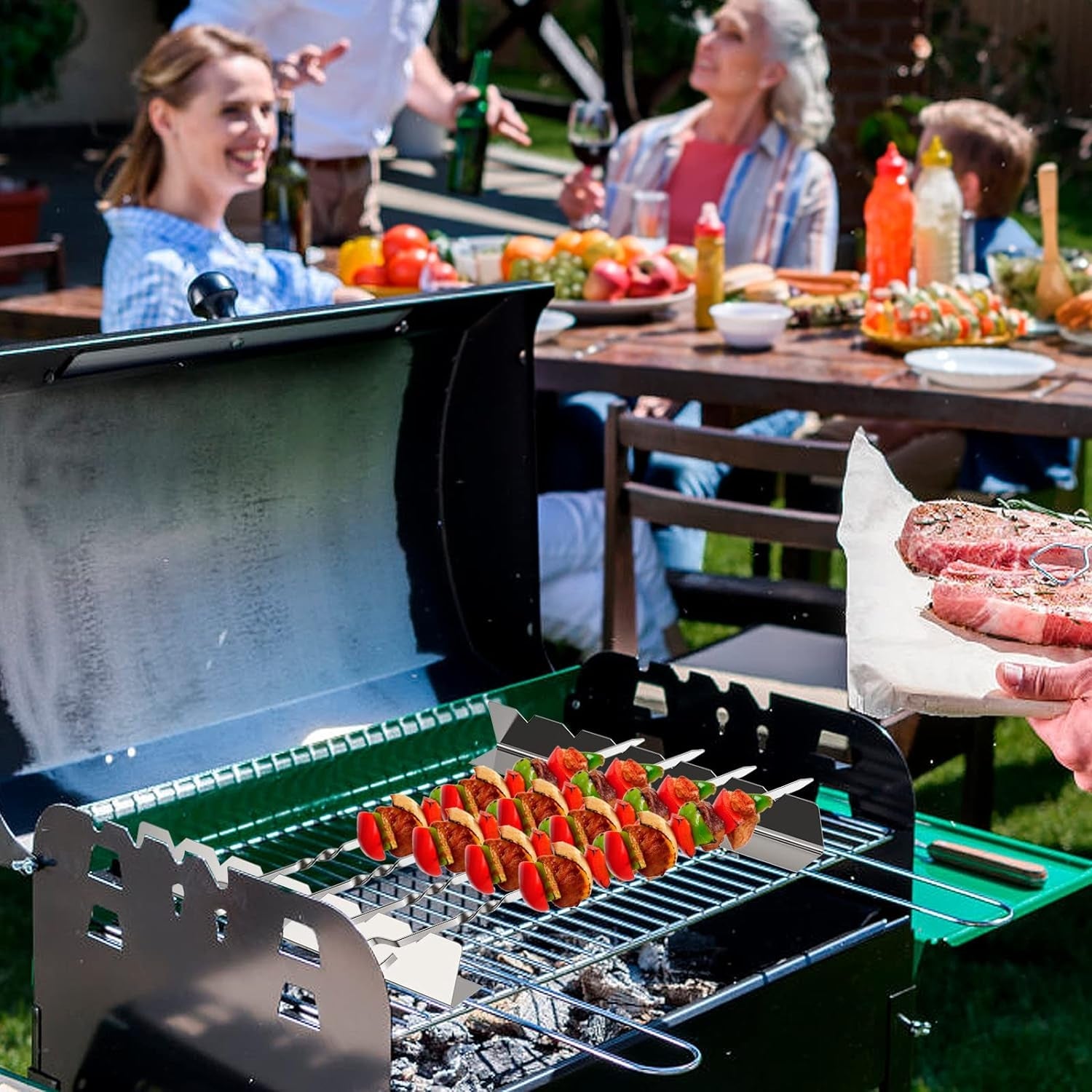 Grillspieße und Schaschlikspieße Edelstahl Set 6 Lange Spieße mit Halterung Grillzubehör für Perfektes BBQ Kabob Fleischspieße