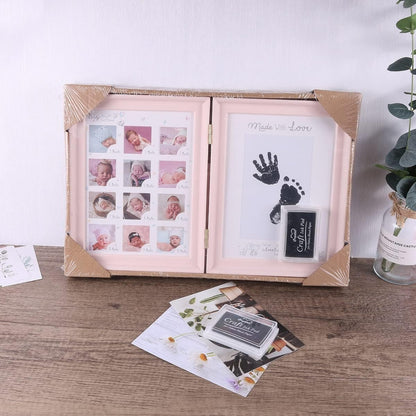 Baby Handabdruck Fußabdruck Fotoalbum Faltbarer Zweifach Rosa Fotorahmen Auffüllbares Stempelkissen Erstes Jahr Jubiläum Babygeschenk