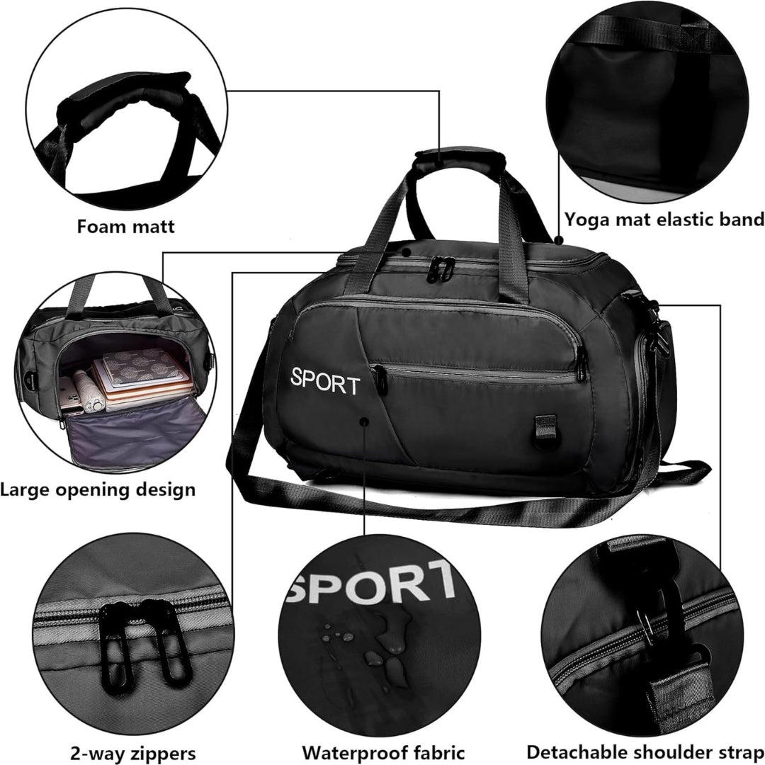 Sporttasche 40L Rucksack Wasserdicht Schuhfach Nassfach Schwarz