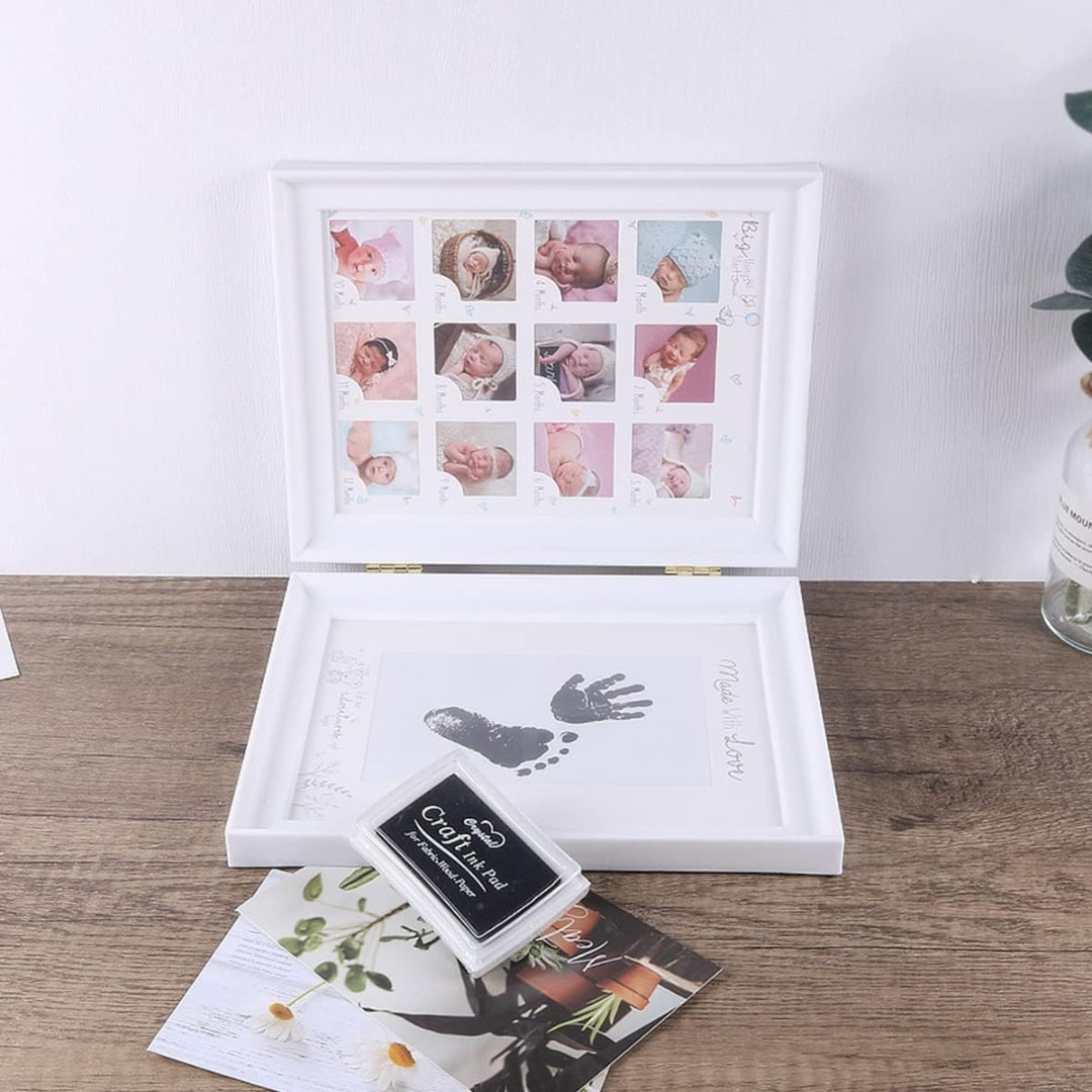 Baby Handabdruck Fußabdruck Fotoalbum Faltbar Zweifach Weißer Fotorahmen Auffüllbares Stempelkissen Erstes Jahr Wachstumsrekord Perfektes Babygeschenk
