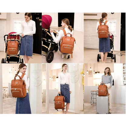 Wickelrucksack Leder Braun Multifunktion Reise Wickeltasche Wasserdicht PU