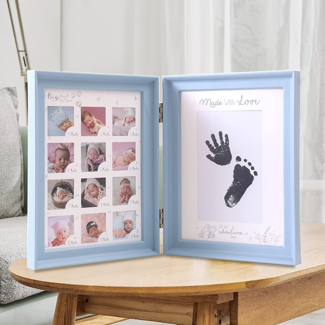 Baby Handabdruck und Fußabdruck Fotoalbum Faltbar Zweifach Fotorahmen Blau Auffüllbares Stempelkissen Erstes Jahr Wachstumsrekord Perfektes Geschenk