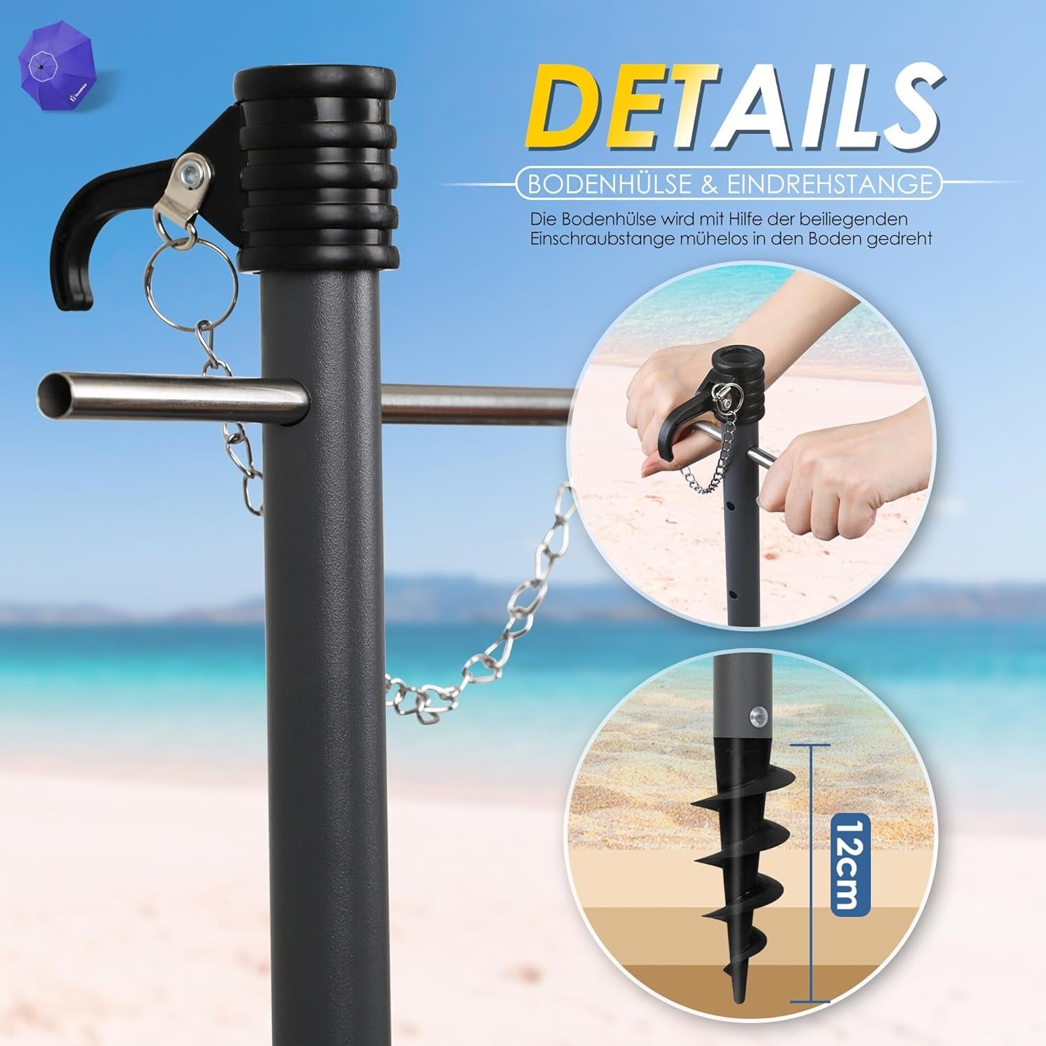 Günstiger Sonnenschirm Strand Ø180cm winddichter Strandschirm Balkon Blau UV50+