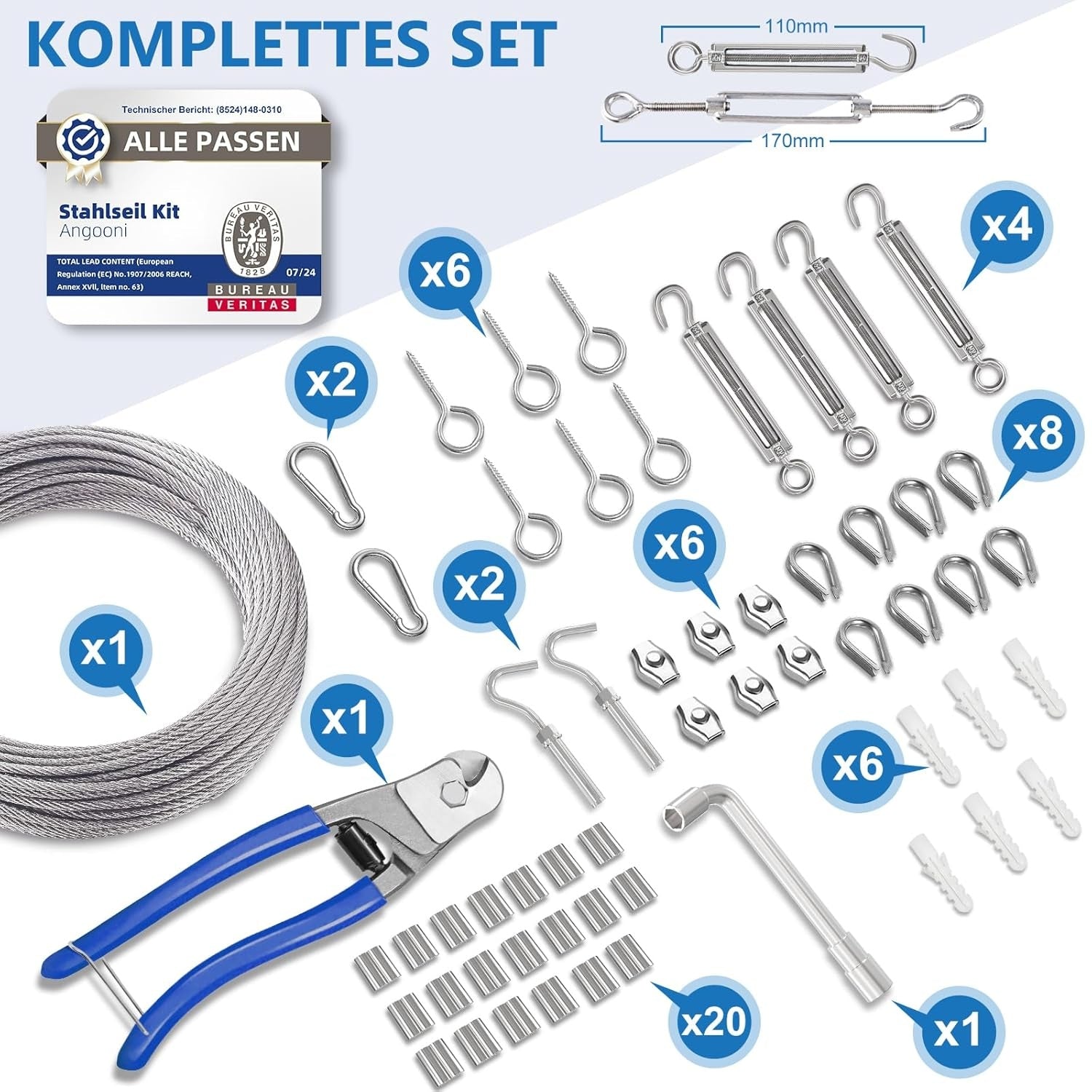 Wohnmobil Zubehör Kabelschloss Stahlseil Set 30 m 3 mm Drahtseil M5 Seilspanner