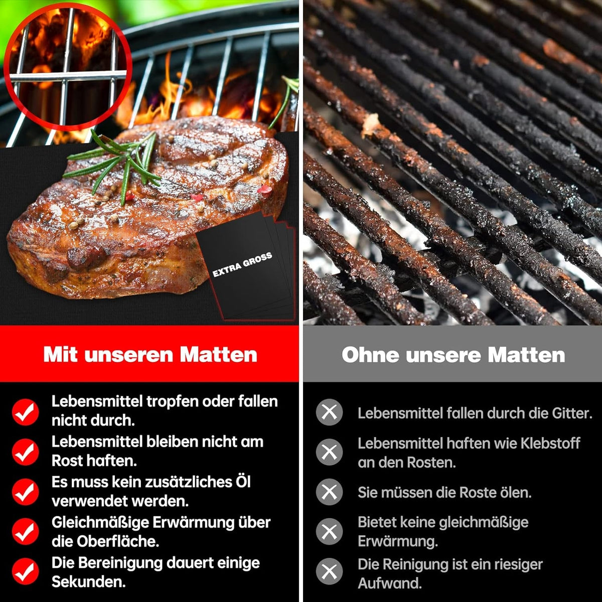 Grillmatte XL 4er Set 50x40CM Teflon für Gasgrill Holzkohle Grill Antihaft
