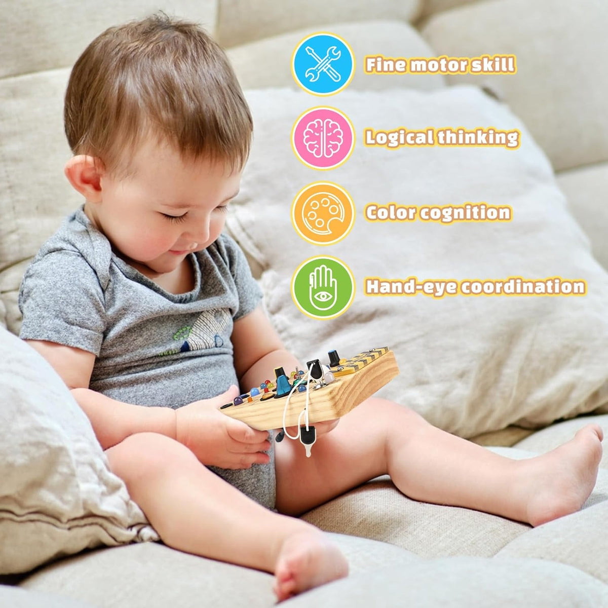 Busy Board Montessori Spielzeug ab 1 Jahr Baby Spielzeug LED Lern Holzspielzeug
