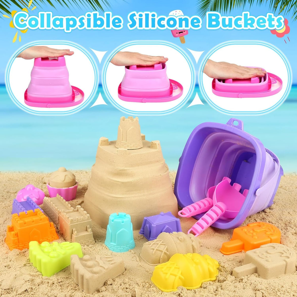 49 Stück Sandspielzeug Set für Kinder Eisformen faltbar Eimer Schaufeln Strand