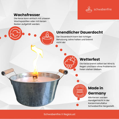 Schwabenfire Kleine Outdoor mit Dauerdocht Kerze in Zink-Schale mit Henkel, 16,5cm Durchmesser, Leicht & Stabil Stimmungsvolles Geschenk