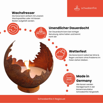 Schwabenfire Outdoorkerze Edelrost Feuerkugel wiederverwendbar XXL Outdoor Kerze 100% handgemacht Made in Germany Premium Outdoor Kerze