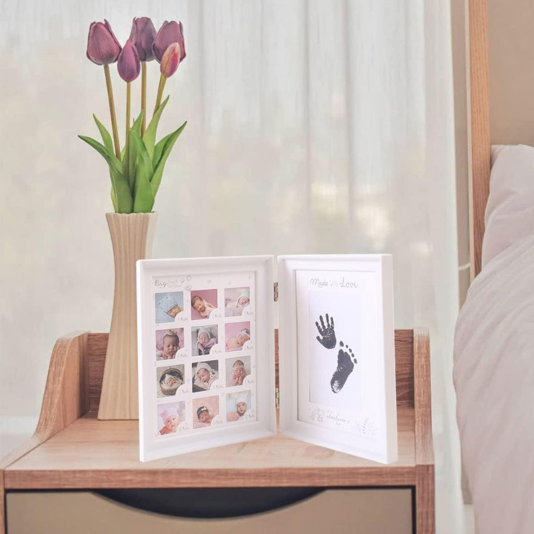 Baby Handabdruck Fußabdruck Fotoalbum Faltbar Zweifach Weißer Fotorahmen Auffüllbares Stempelkissen Erstes Jahr Wachstumsrekord Perfektes Babygeschenk