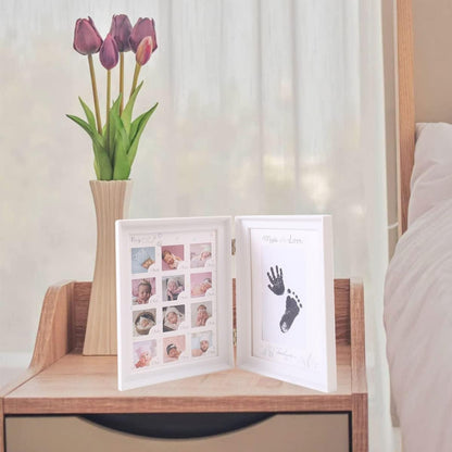 Baby Handabdruck Fußabdruck Fotoalbum Faltbar Zweifach Weißer Fotorahmen Auffüllbares Stempelkissen Erstes Jahr Wachstumsrekord Perfektes Babygeschenk