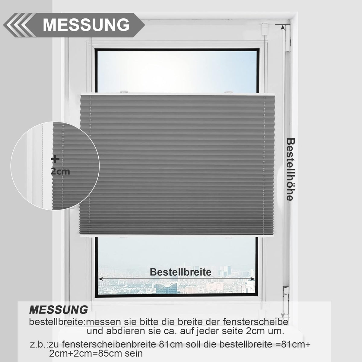Premium Plissee ohne Bohren Verdunkelung Klemmfix Grau 80x220cm