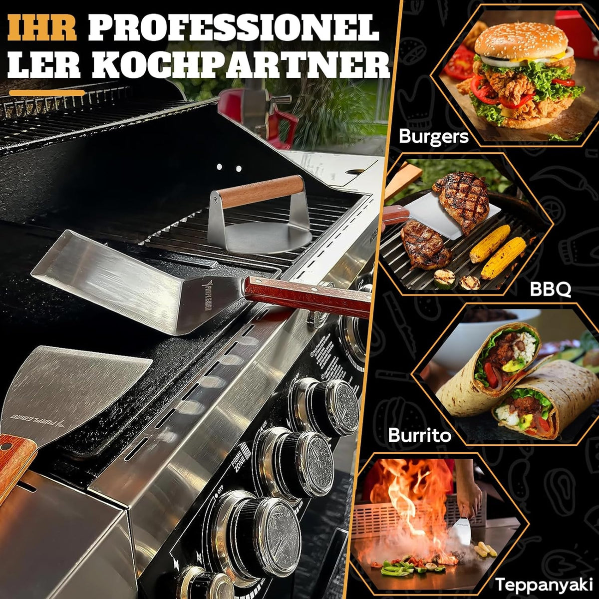 Smashburger Set Grillzubehör Kit 3-TLG Burgerpresse 2 Grillspachtel