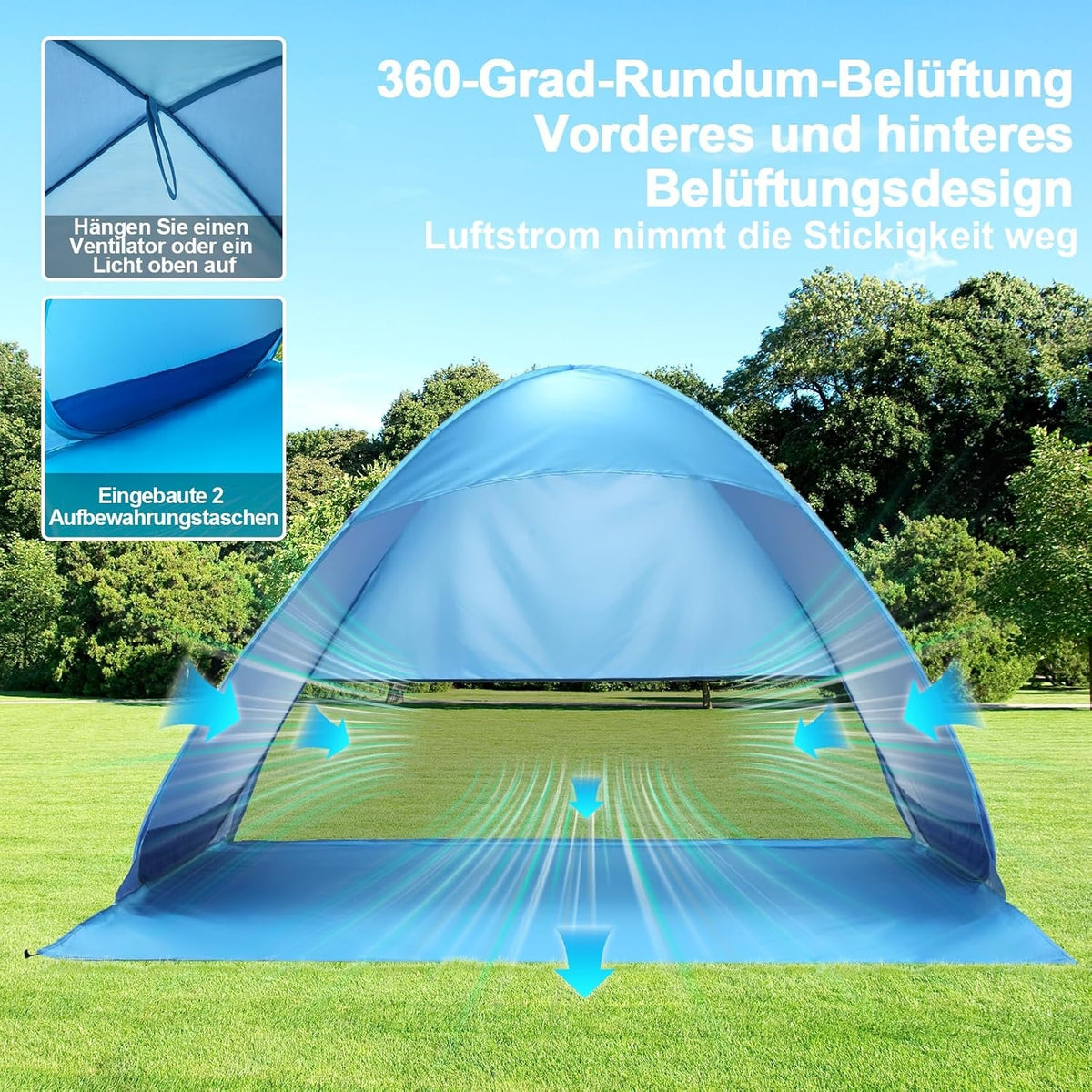 Strandmuschel Pop Up Strandzelt 200x165x130cm UV Schutz UPF 50+ Blau