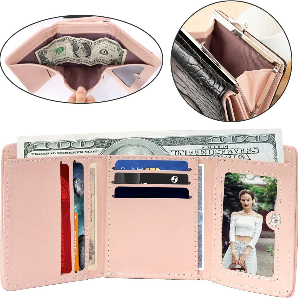PU Leder Geldbörse Damen Krokodildruck Schwarz Pink Klein Umklappbar Münzfach