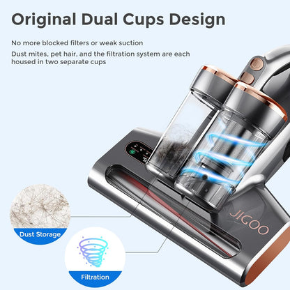 JIGOO S300 Pro Milbensauger mit Staubmilben-Sensor und Intelligente LED-Anzeige, 500W Milbenstaubsauger mit UV-Licht, Für Allergiker, entfernt 99,9% der Allergene, für Matratzen, Betten, Sofas