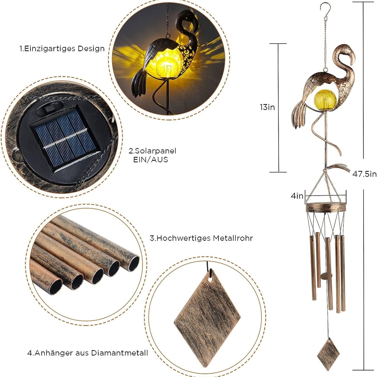 Flamingo Solarleuchten Windspiele für Draußen Metall Hängend LED Licht Wasserdicht Outdoor Wind Chimes für Garten Patio Rasen Yard Dekoratio