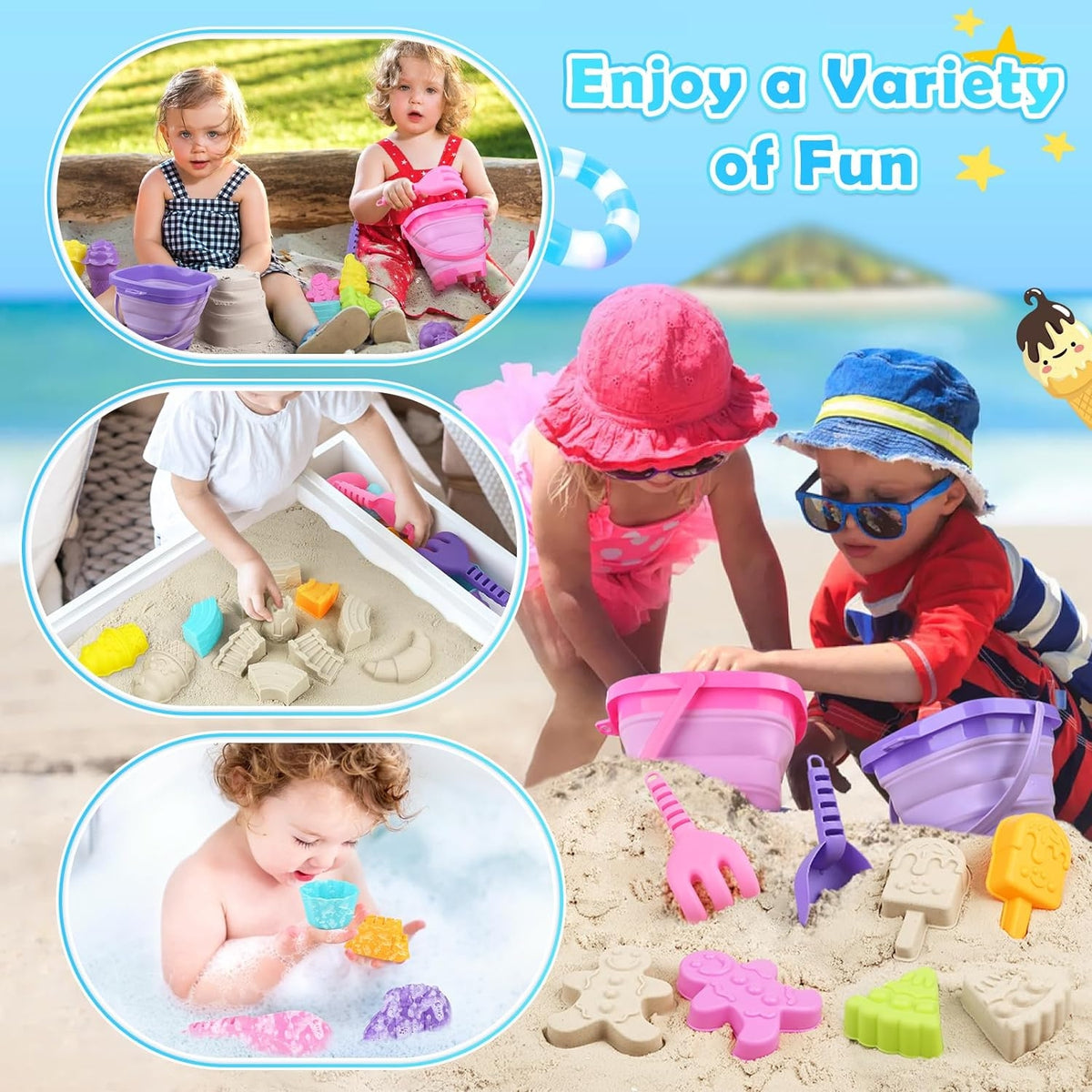 49tlg Sandspielzeug Set Eisformen für Mädchen Junge inkl. Sandschaufel, Faltbares Eimer, Sandformen Netzbeutel Ideal für Strand Sandkasten Spielstabil