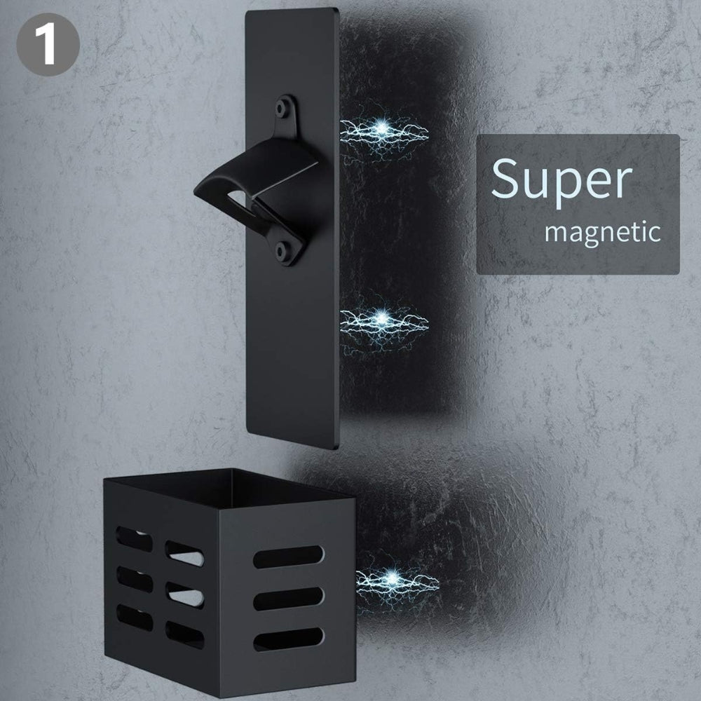 Magnetischer Flaschenöffner für Wandmontage mit Auffangbehälter aus Kohlenstoffstahl in Schwarz Ideal für Küche Perfektes Biergeschenk für Männer