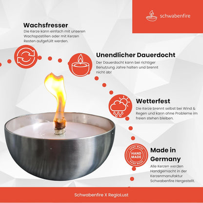 Schwabenfire Outdoor Kerze Edelstahl Schale 28,5cm mit Dauerdocht + 1KG Wachs