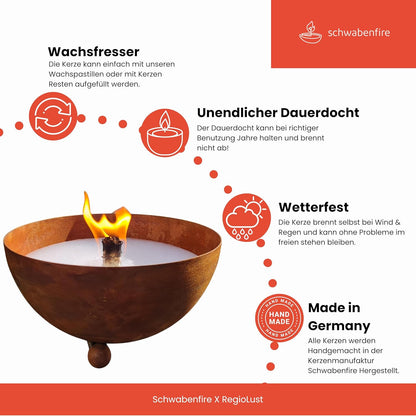 Schwabenfire Outdoor Kerze in Edelrost Schale 30cm mit Dauerdocht + 1KG Wachs