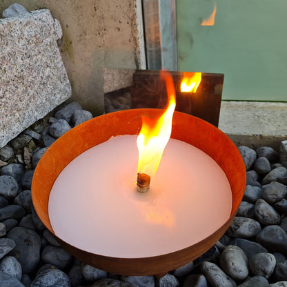Schwabenfire Outdoorkerze mit Dauerdocht in Edelrost Metallschale Wiederverwendbar kerzen deko outdoor kerzen Geschenke für Frauen Garten