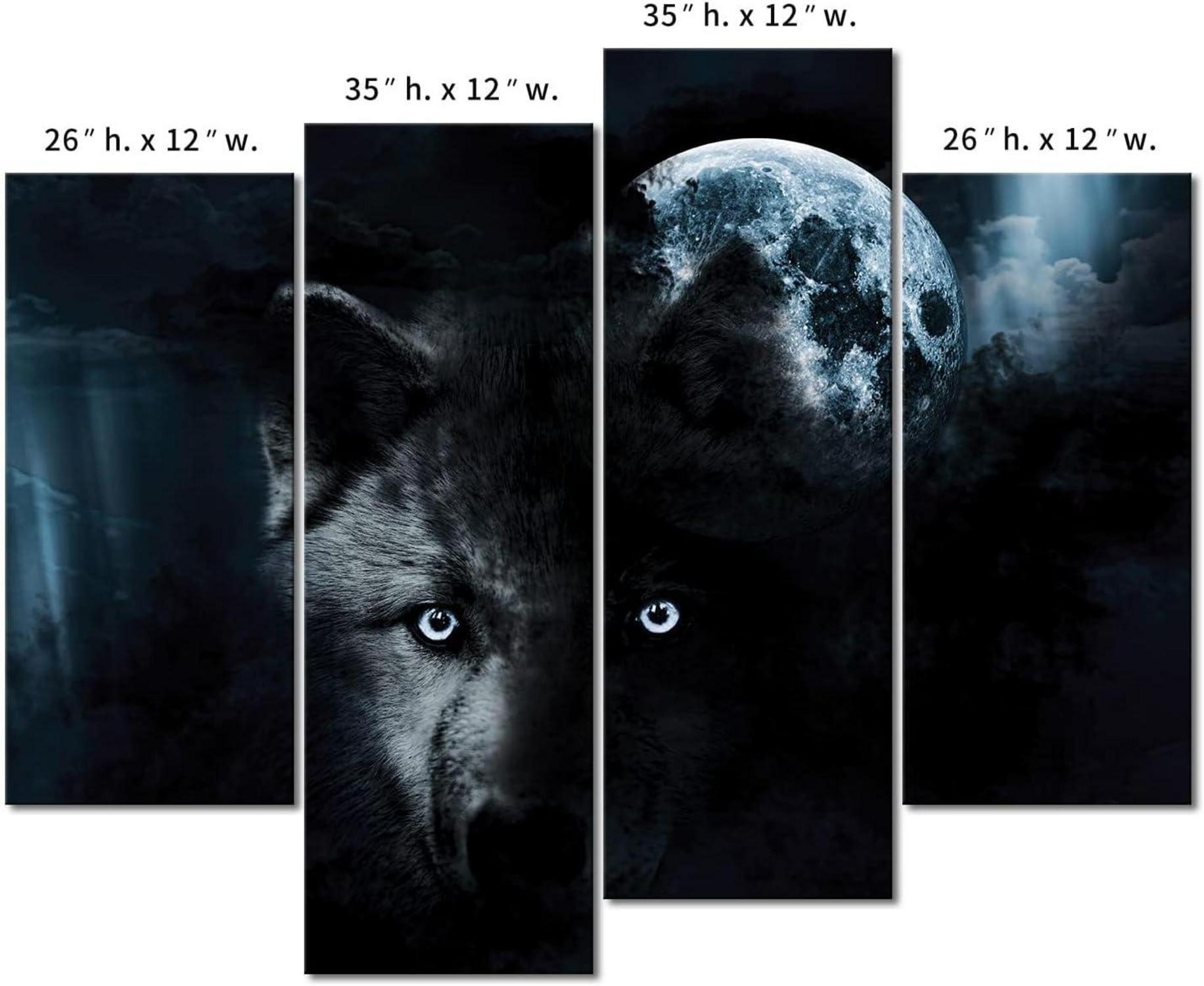 Moderne Schwarz Wolf und Mond Wandkunst Set 4-teilig