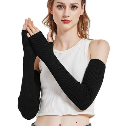 Lange Damen Winterhandschuhe mit Daumenloch – Schwarz
