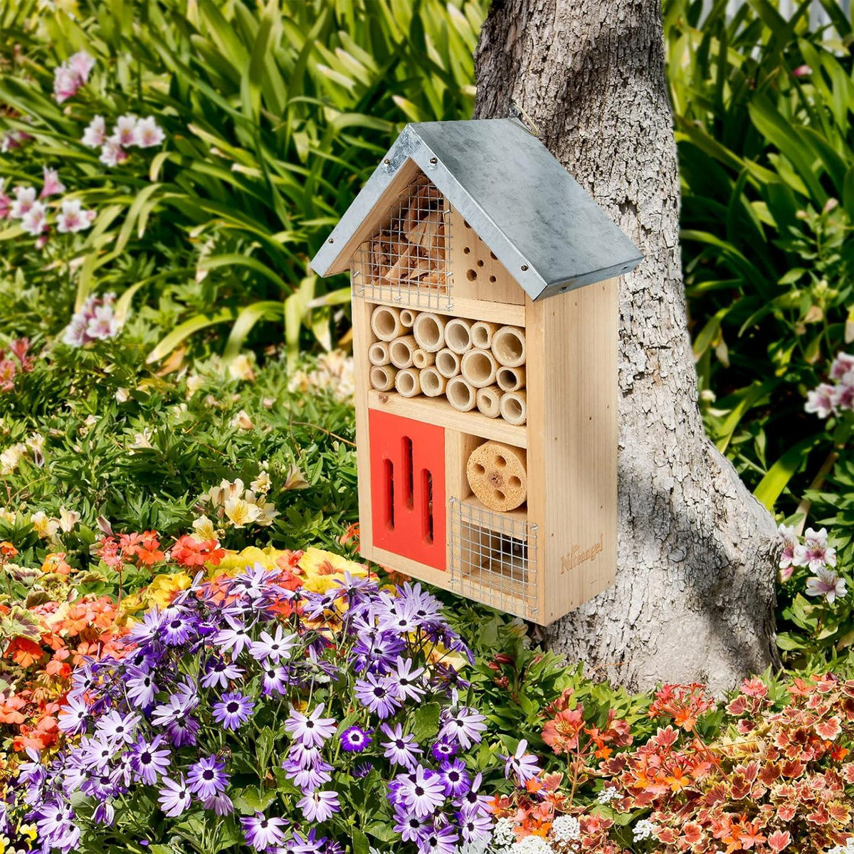 Insektenhotel aus Naturholz für Garten, Marienkäfer, Florfliegen 25,4 x 15,2 x 8,6 cm Rot