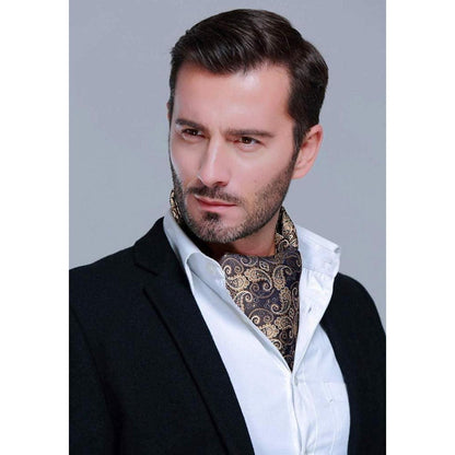 Herren Ascot Krawattenschal & Einstecktuch Set Gold/Marineblau