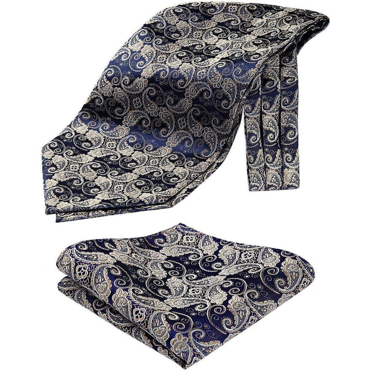 Herren Ascot Krawattenschal & Einstecktuch Set Gold/Marineblau