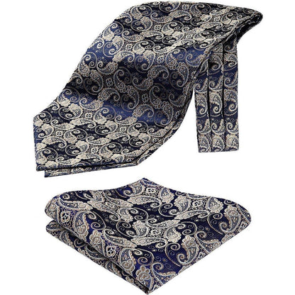Herren Ascot Krawattenschal & Einstecktuch Set Gold/Marineblau