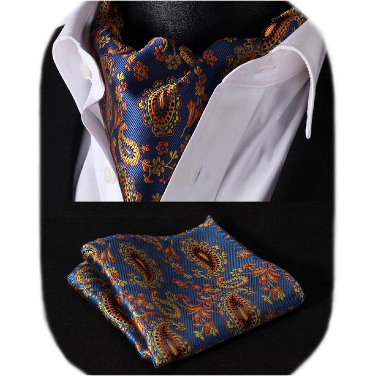 Herren Ascot Krawattenschal Set Blau/Orange Paisley Jacquard