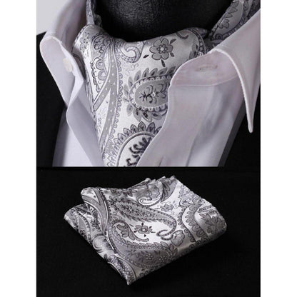 Herren Ascot Krawattenschal Set Paisley Grau Silber