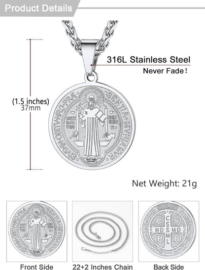 U7 Herren Medaille Heiligen Benedikt Halskette Silber 316L 1,5 Zoll 22 Zoll