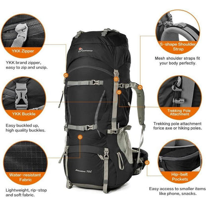 70L Trekkingrucksack mit Regenschutz und vielen Befestigungsmöglichkeiten